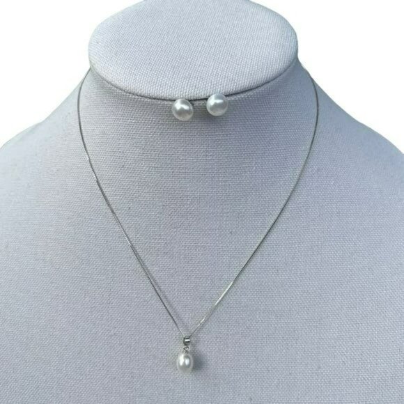 925 Sterling Silver Cultured White Freshwater Pearl Necklace Ring‎ Earring Set - Picture 7 of 10